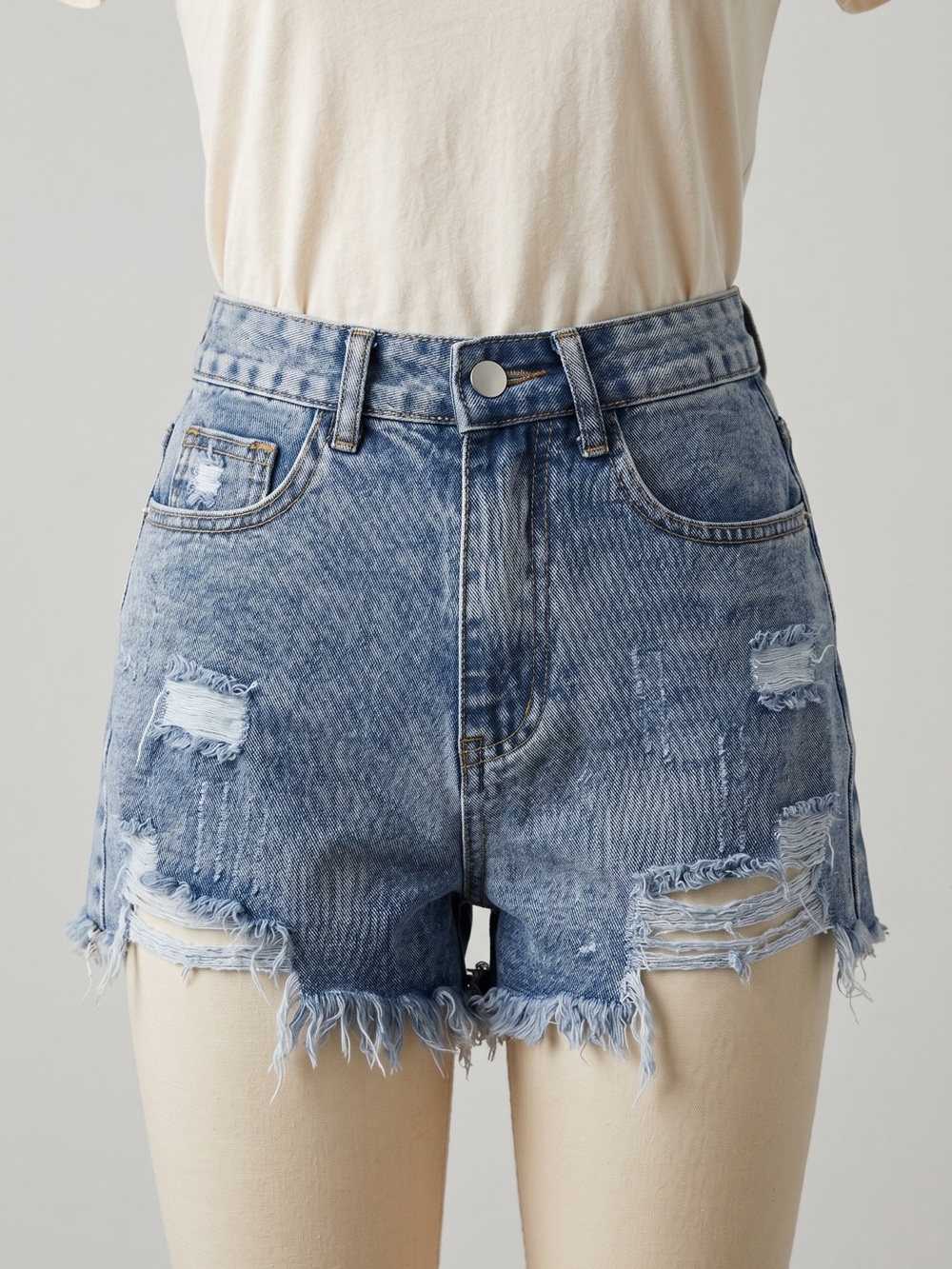SHEIN Light Blue Distressed High-Waist Denim Shorts